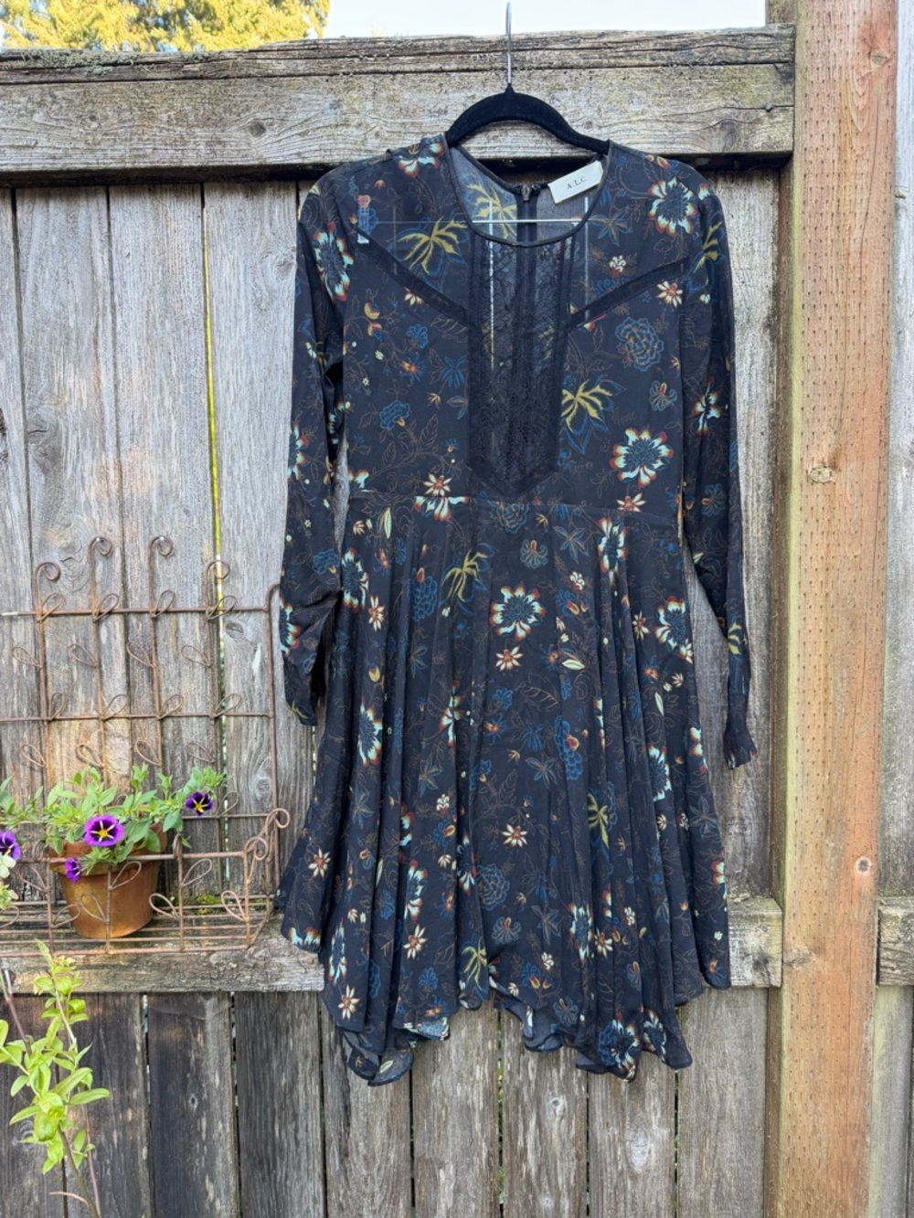 A.L.C. Cynthia Mini Dress Black With Floral Print Lace Panel Front